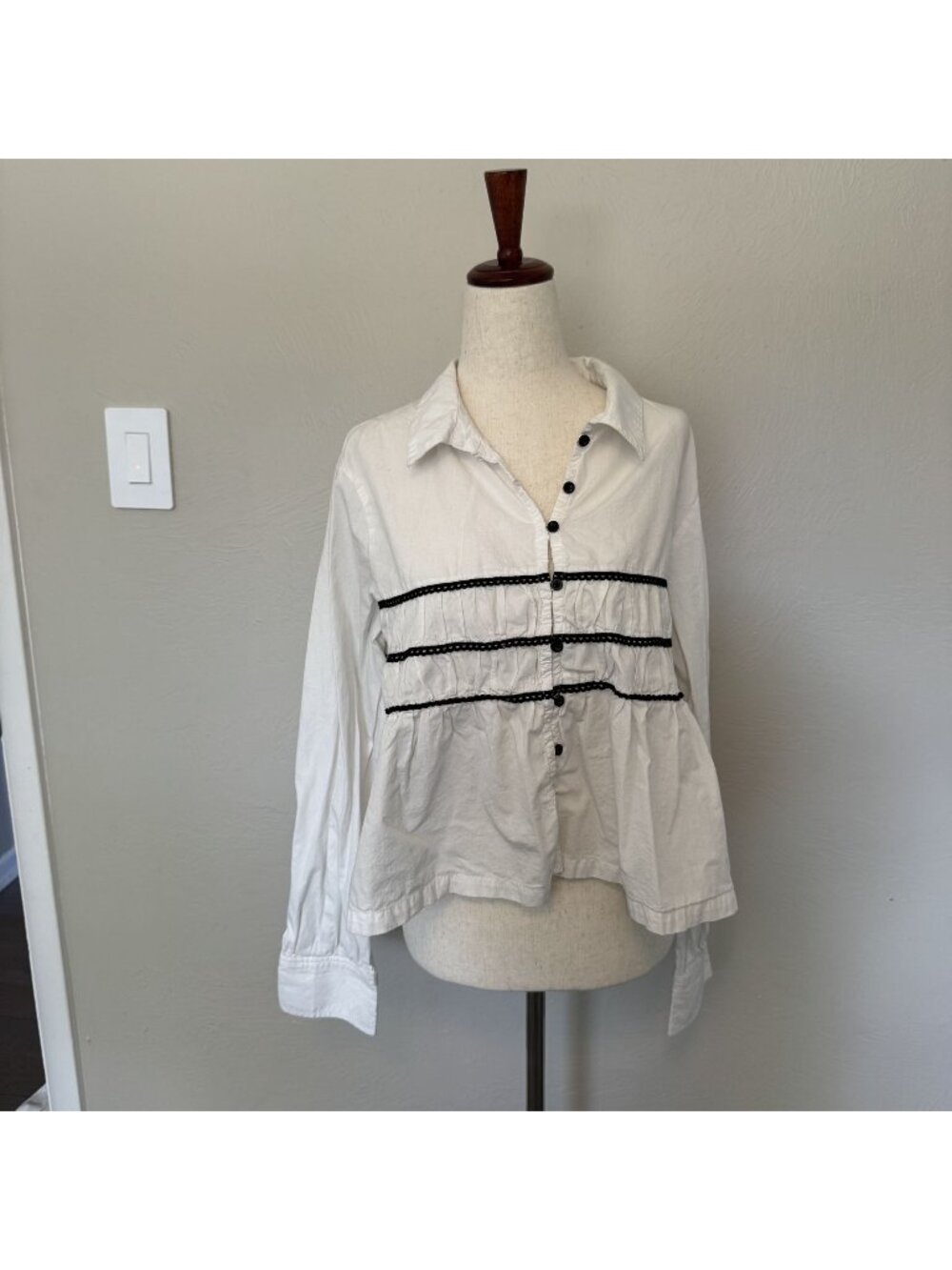 Free People White Cotton Peplum Button Down Top - Black Lace Insert Blouse Mediu